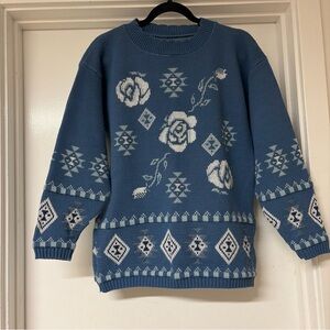 Vintage Adele Blue SouthWestern Floral Knit Sweater W/Unique Neckline  Sz Med/L